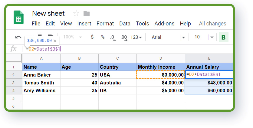 Google Sheets - anchor data in cells