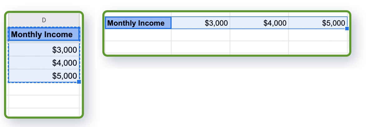 Google Spreadsheets paste transposed shortcut