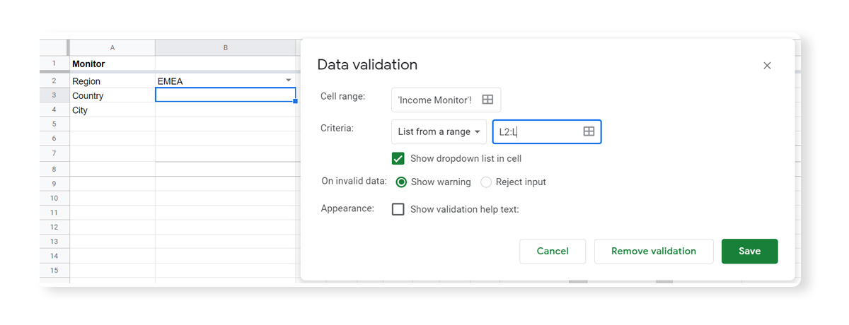 Google Sheets data validation